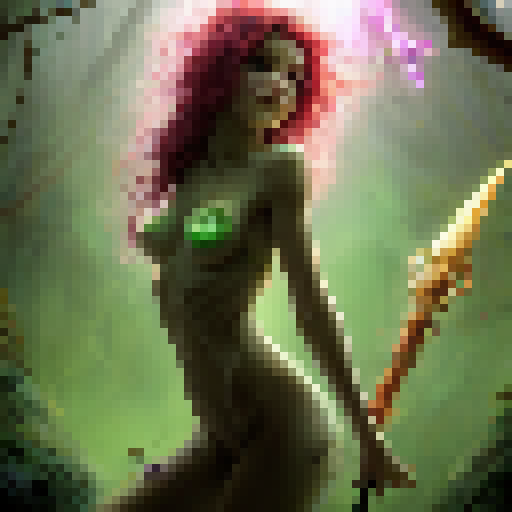 Naked girl with flowing red hair and glowing green eyes stands defiantly in a magical forest, surrounded by fantastical creatures like unicorns, dragons, and griffins, while holding a glowing, golden sword in one hand and a shimmering, emerald staff in the other, all in the style of a classic Fantasy RPG.