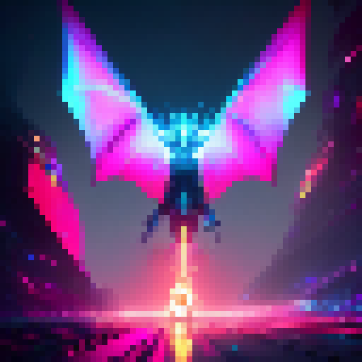 A glowing, electric dragon bursts out of a neon forest, surrounded by sparkling orbs and futuristic buildings, all depicted in a cyberpunk art style.