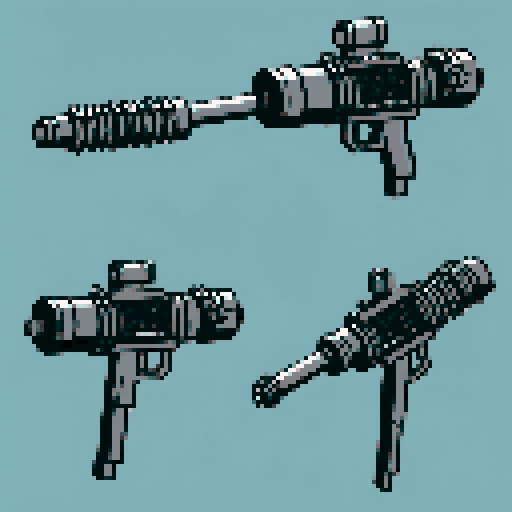 I want to see a simple minigun with 8 barrels floating in the center of the frame. It should have strange mechanical details that could interlock with others. I want this object usable an asset in a videogame, meaning only one object per image, outlined with a strong black stroke, on a solid-color background. 