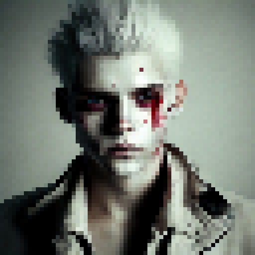 clear, full face, white hair, evil grin, bloody scratch, youthful boy, cold, suit, glowing eyes