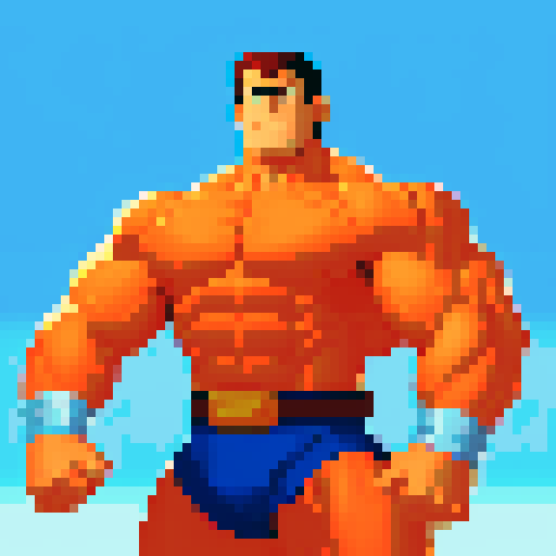 Strong, muscular, heroic figure, with bulging muscles and a determined expression, standing tall against a vibrant, pixelated backdrop, showcasing the hero's bravery and strength in the classic sRGB color palette