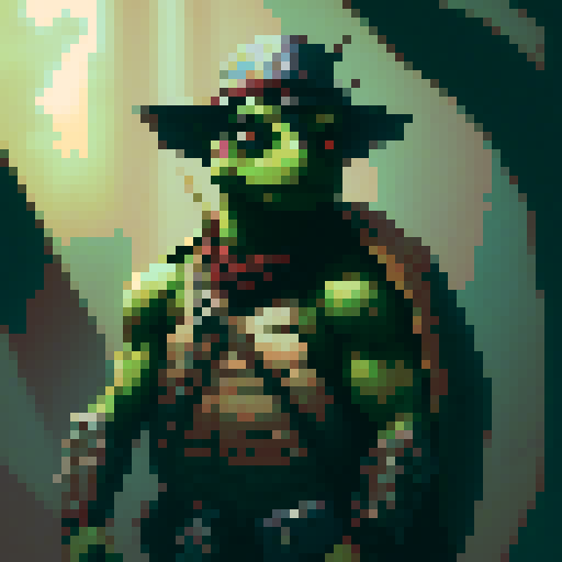 8-bit style portrait with vibrant, retro colors, showcasing a pixelated character in a dynamic pose against a black background, reminiscent of classic video games