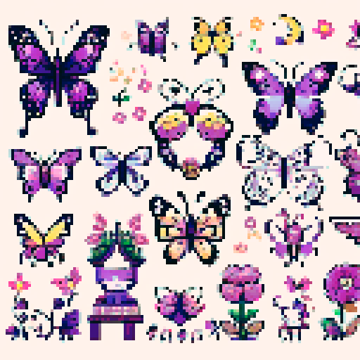 pixel art style butterfly collection whimsical cute style