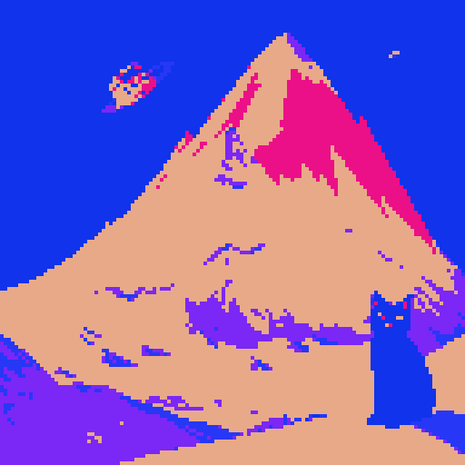 Woman with auburn hair and a black cat with yellow eyes in between towering, snow mountains in space