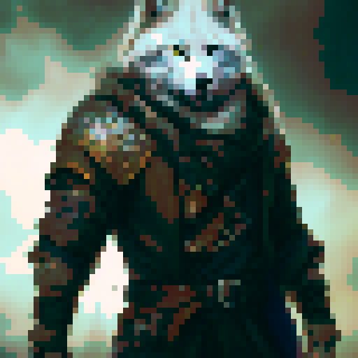 In the picturesque Norse medieval village stands a fearless Nordic warrior, with golden hair and a mighty beard. Wielding two axes, one in each hand, he exudes power and determination. His attire consists of rugged leather garments, adorned only with a leather shoulder guard on his right shoulder. A significant portion of his strong physique is exposed, showcasing his formidable strength.

By his side walks his loyal companion, a majestic white wolf. The wolf's eyes gleam with ancient wisdom as 