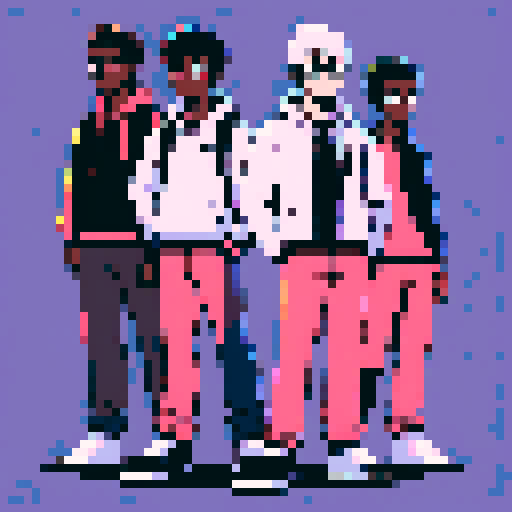 black person, asian person, white person, standing together, pixel art, sRGB