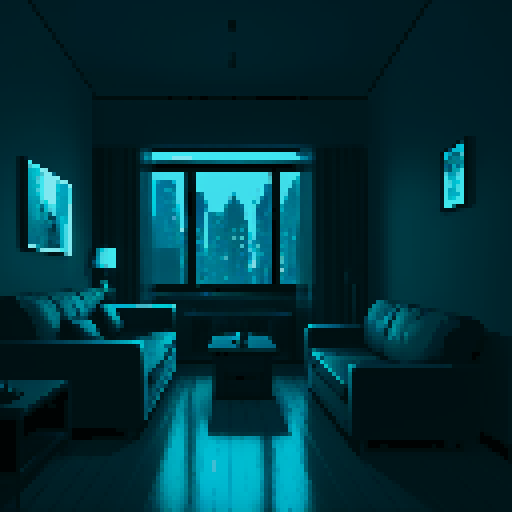 dark city apartment interior at night, melancholy, depressed, lonely man's apartment, sadness, dimly lit