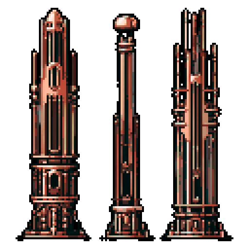 I want a tall vertical copper structure reminiscent of a organ pipe. It should have strange mechanical details that could interlock with each other. I also want this object usable an asset in a videogame, meaning only one object per image, outlined with a strong black stroke, on a solid-color background.