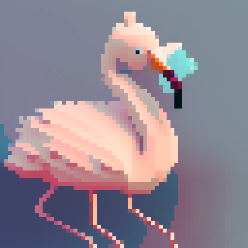 Pink, feathered, slender-necked flamingo standing tall amidst a sea of vibrant colors, rendered in stunning pixel art