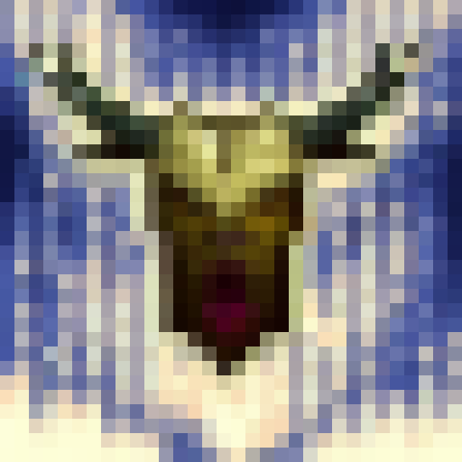 Angry bull charging forward with sharp horns, fierce eyes, and drooling mouth captured in a 16x16 pixel art close up portrait for a game icon.