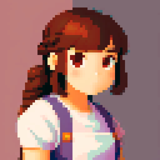 young girl portrait, determined, tavern keeper, resilient, experienced, strong-willed, pixelated, non-vibrant color palette
