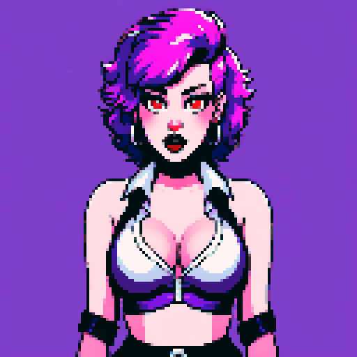 curvy, cute, busty greaser goth girl, with purple hair, black eyeshadow, red lipstick. Very busty wearing bikini, studded collar. Posing in a sexy seductive glamour shot, whole head portrait, avatar photo. vibrant sRGB colors, pixel art, edgy aesthetic