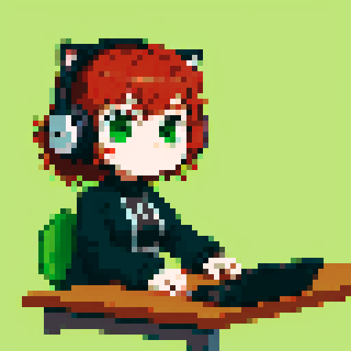 anime style, chibi, redhead, curly hair, green eyes, wearing headphones, goth, sitting at a gaming desk, grey fluffy cat with green eyes on the desk