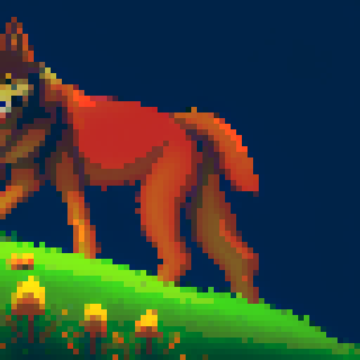 red, pixelated, sprite-style wolfdog, with a vibrant sRGB color palette, set against a detailed pixel art background depicting a serene and majestic landscape