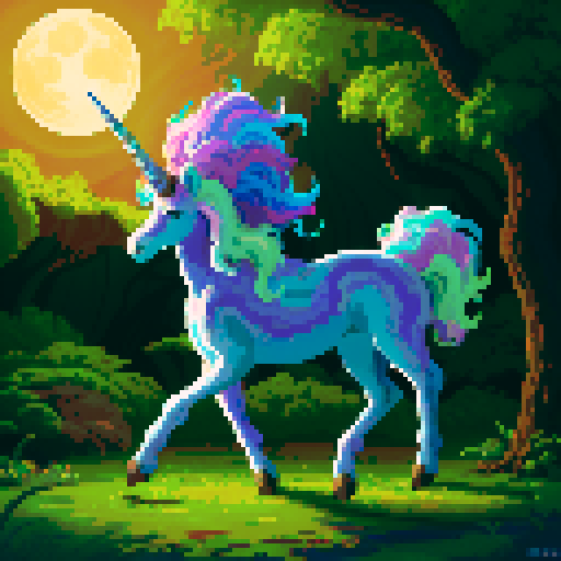 mystic druid wild woman unicorn faun hybrid bathed in moonlight, with a playful demeanor, cloven hooves, showcasing its full body in pixel art style with vibrant sRGB colors