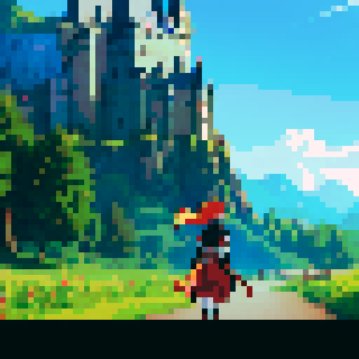 Anime warrior on an adventure with a castle in the backgroun. 