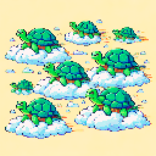 The pixelated green turtles have no choice but to flee on their clouds.