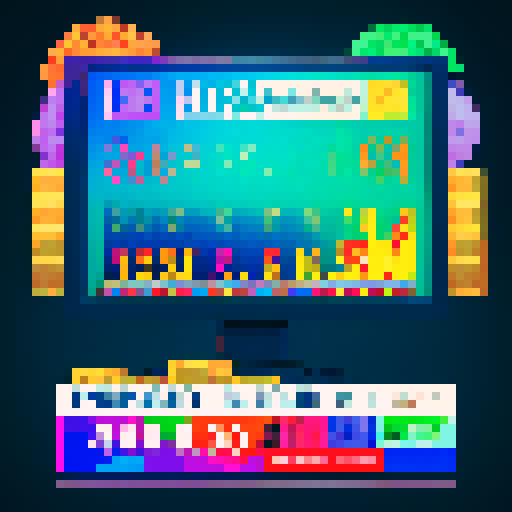 Title screen, pixel art, sRGB, financial report, bar graph, pie chart, line graph, dollar signs, calculator, banknotes, coins, stock market, growth, success, arrows, upward trend, data visualization, vibrant colors, retro, 8-bit, computer screen, numbers, statistics, infographic, money, wealth