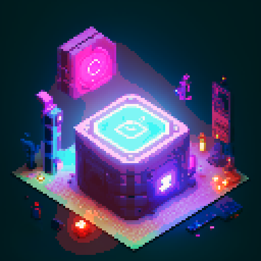 lootbox, futuristic crate, glowing buttons, silver box center, intricate details, pixel art, sRGB