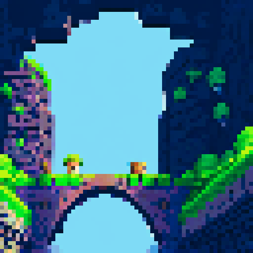 stone bridge, deep chasm, fortress on the left, wider planes on the right, pixel art, sRGB
