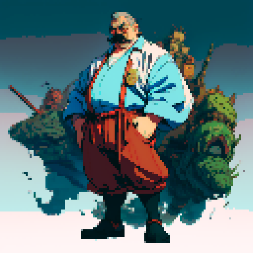 full-body image of mad scientist, fat, mustache, giant robot