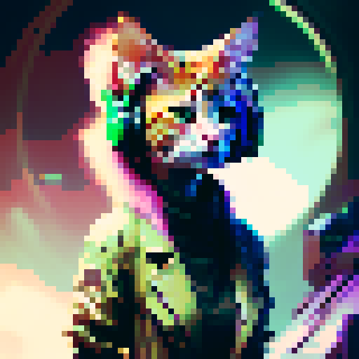 cute redhead with green eyes, anime style, pink and black dress headphones, cat on a gaming desk, cleavage, plants in the background, fantasy RPG, painting on the wall