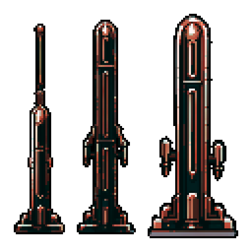 I want a tall vertical copper structure reminiscent of a organ pipe. It should have strange mechanical details that could interlock with each other. I also want this object usable an asset in a videogame, meaning only one object per image, outlined with a strong black stroke, on a solid-color background.