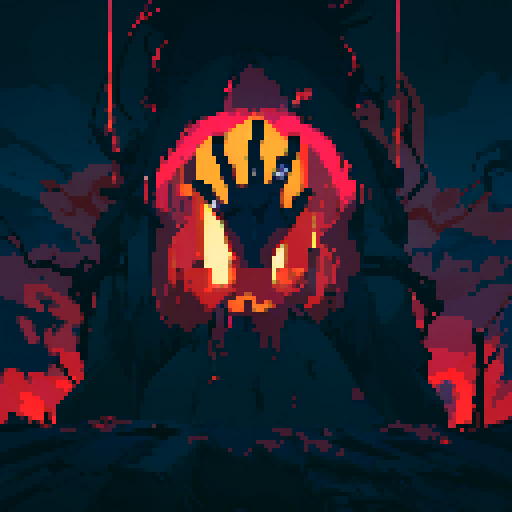 Hang with tattered clothes, eerie red glow, and bony fingers reaching out, emerging from a pixelated tomb in a hauntingly vibrant sRGB color palette