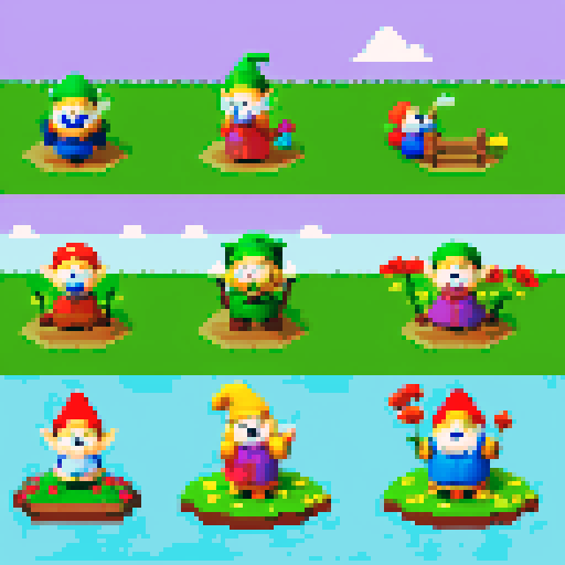 9 garden gnomes in different positions. 