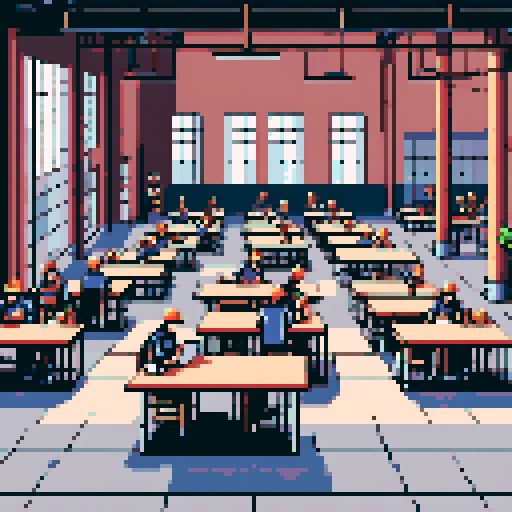 visualize a warehouse cafeteria in which some workers are sitting on tables while some are standing
