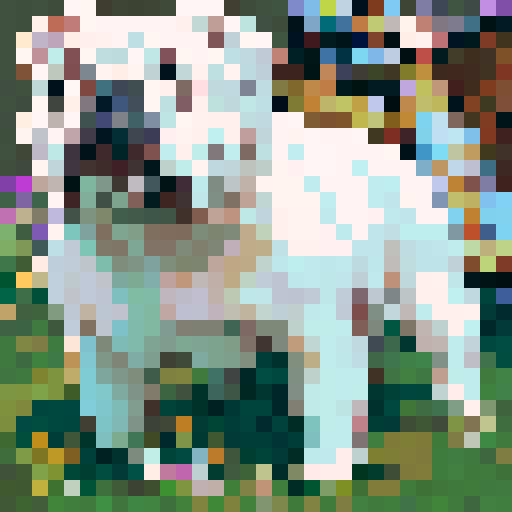 prestigious all white English bulldog, elegant, regal, adorned with a golden crown, sitting proudly on a pixelated throne, surrounded by vibrant pixel art flowers and a whimsical sRGB background