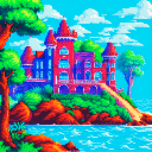 whimsical, colorful, vibrant, mansion by the sea, sRGB, pixel art, background, landscape