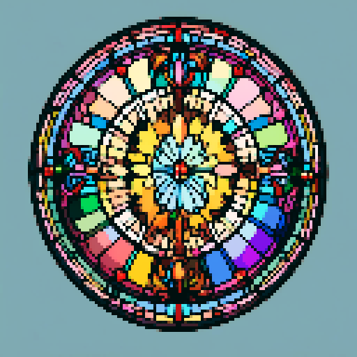 I want a beautiful circular stained glass window in all the colors of the rainbow. It should be simple, having no more than 10 glass segments total. I want this object usable an asset in a videogame, meaning only one object per image, outlined with a strong black stroke, on a solid-color background.