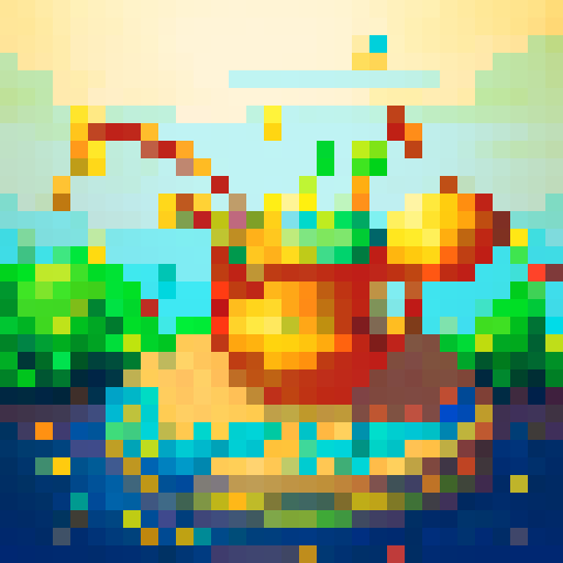 Colorful bubbling cauldron, overflowing with vibrant liquid, surrounded by an assortment of glass jars filled with sparkling ingredients, all depicted in intricate pixel art