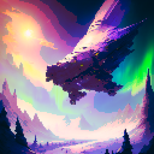 adorable village nestled in a whimsical, fantasy RPG landscape, with a sky ablaze in vibrant hues of the mesmerizing northern lights aurora borealis