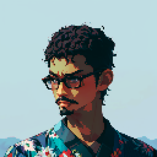 Southeast Asian man, short curly hair, round glasses, tanned, goatee, diamond shaped face, Wearing a robe