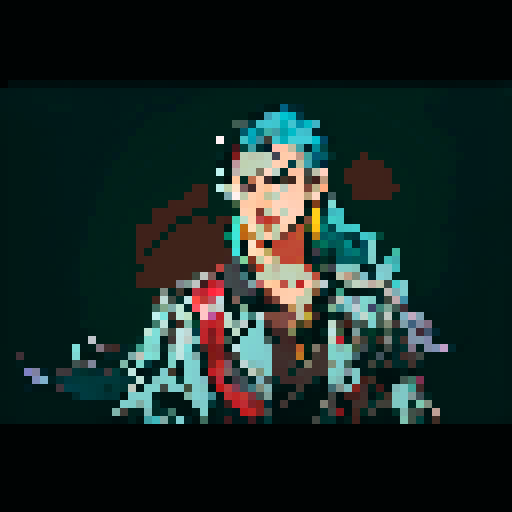 handsome man, long hair, vibrant colors, bold lines, pixelated details, sRGB color space, pixel art