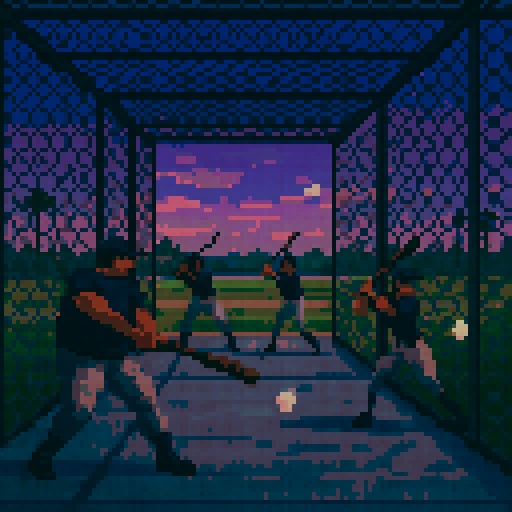 Pixel art of a group of players taking swings in a batting cage with chain-link fencing and concrete. The field beyond is the Florida swamps that are just near spring training. Show players of different builds and stances to hint at diversity of talent. Cool dusk lighting—purples and dusty blues in the sky. Subtle motion blur on the bat or ball for energy.