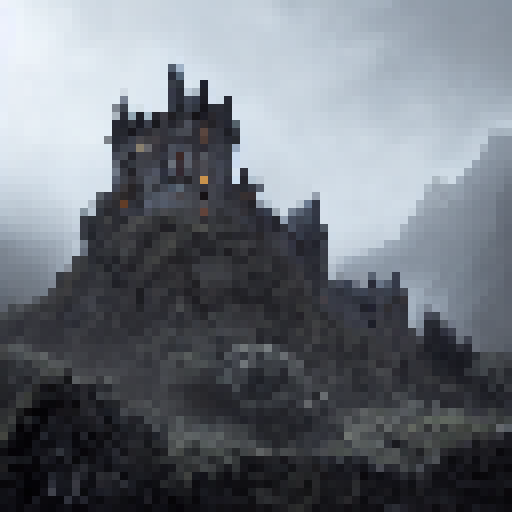 Gothic Scottish castle in a misty highland, surrounded by thorny vines, with gargoyles perched atop, and a dragon lurking in the shadows, all in a dark, moody fantasy RPG style.