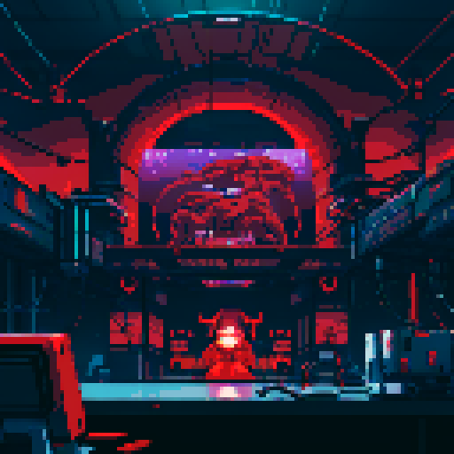 giant futuristic computer banks, vivid red monitors, hanging cables and cords, bioorganic towers of machines, dark fog, snaking cables on pixel art