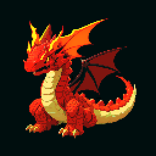 A large, intimidating dragon engulfed in flames. Its scales are a deep crimson, with glowing embers scattered across its body. It has fierce, blazing eyes and an aggressive expression, ready to unleash torrents of fire. No background.
