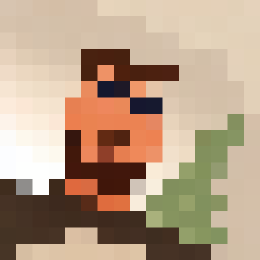 Man, rugged, bearded, staring intently, surrounded by towering trees, with leaves crunching underfoot, creating a moody, atmospheric, pixelated 16x16 game icon that zooms in for a dramatic close-up portrait shot.