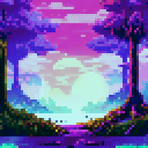 Towering trees, twisted roots, and moonlit mist shroud the eerie, foreboding forest in a pixelated masterpiece of sRGB landscape art