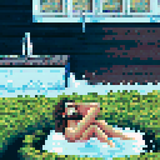 crazy cool guy with long brown hair sitting in a small pool, pixel art, sRGB, background, landscape
