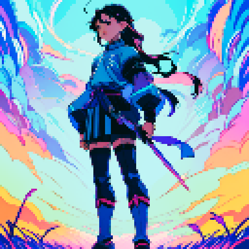 young hero with blue glowing cyber sword shonen with dark hair, astralite, anime game pixel art, A vibrant and colorful RPG-style scene with Super Nintendo graphics, featuring a 16-bit color palette and a resolution of 256x224 pixels