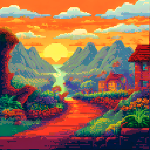 cat, fence, sRGB, pixel art, background, landscape, vibrant colors, intricate details, whimsical, fantasy elements, lush greenery, blooming flowers, golden sunlight, soft clouds, distant mountains, playful butterflies, sparkling river, winding path, dappled shadows, gentle breeze, peaceful atmosphere, charming cottages, meandering stream, quaint bridges