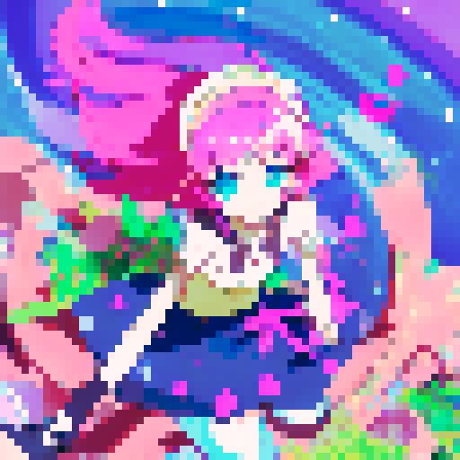 Pink-haired anime girl wearing a flowy sundress twirling around a sun-drenched living room filled with plants and colorful decor, surrounded by floating musical notes and glittering stars