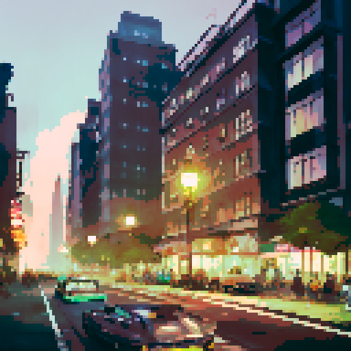 bustling cityscape, towering skyscrapers, art deco architecture, vintage cars, elegant street lamps, exuding a sense of nostalgia