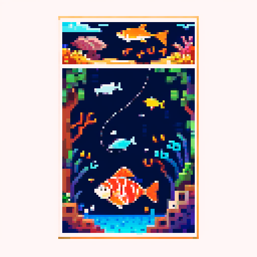 A vertical underwater canvas scene with a fish swimming towards the surface while being chased by a trawl. Surrounding dangers include fish hooks, mines, nests, and predatory fish. A fishing boat launches fish hooks above sea level. 