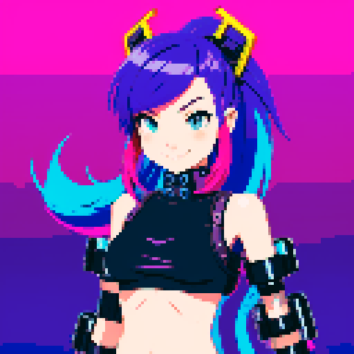 Anime inspired character with vibrant hair, expressive eyes, and a playful smile, with a metallic cyberpunk scorpion tail as weapon